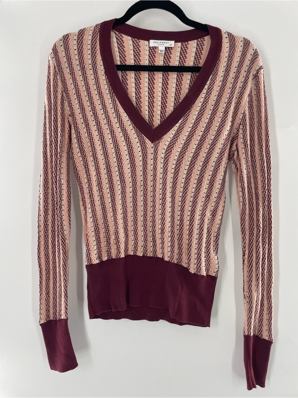 Equipment Silk Blend Striped V-Neck Pointelle Knit Sweater in Burgundy and Cream